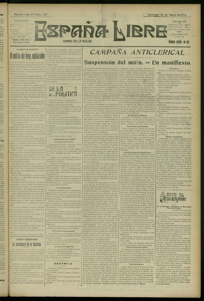Miniatura de España Libre : Diario de la noche del 30 de marzo de 1913, nº 577