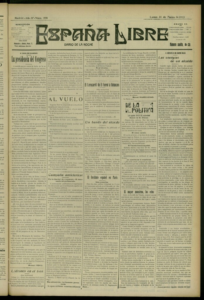 Miniatura de España Libre : Diario de la noche del 31 de marzo de 1913, nº 578