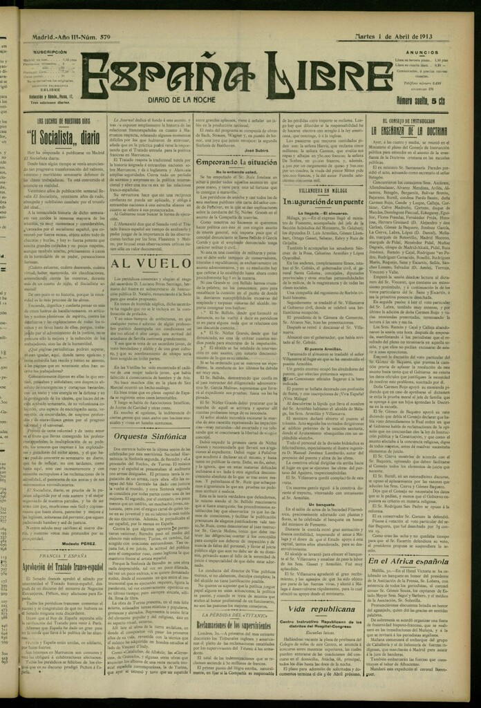 Miniatura de España Libre : Diario de la noche del 1 de abril de 1913, nº 579