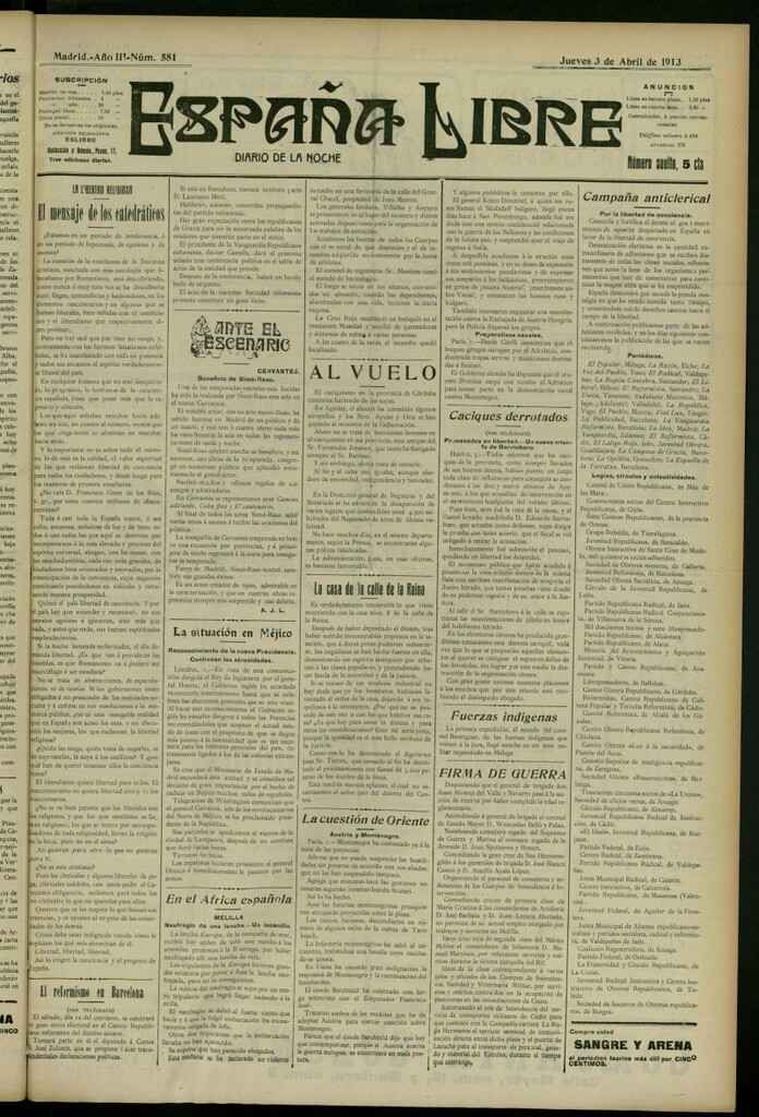 Miniatura de España Libre : Diario de la noche del 3 de abril de 1913, nº 581