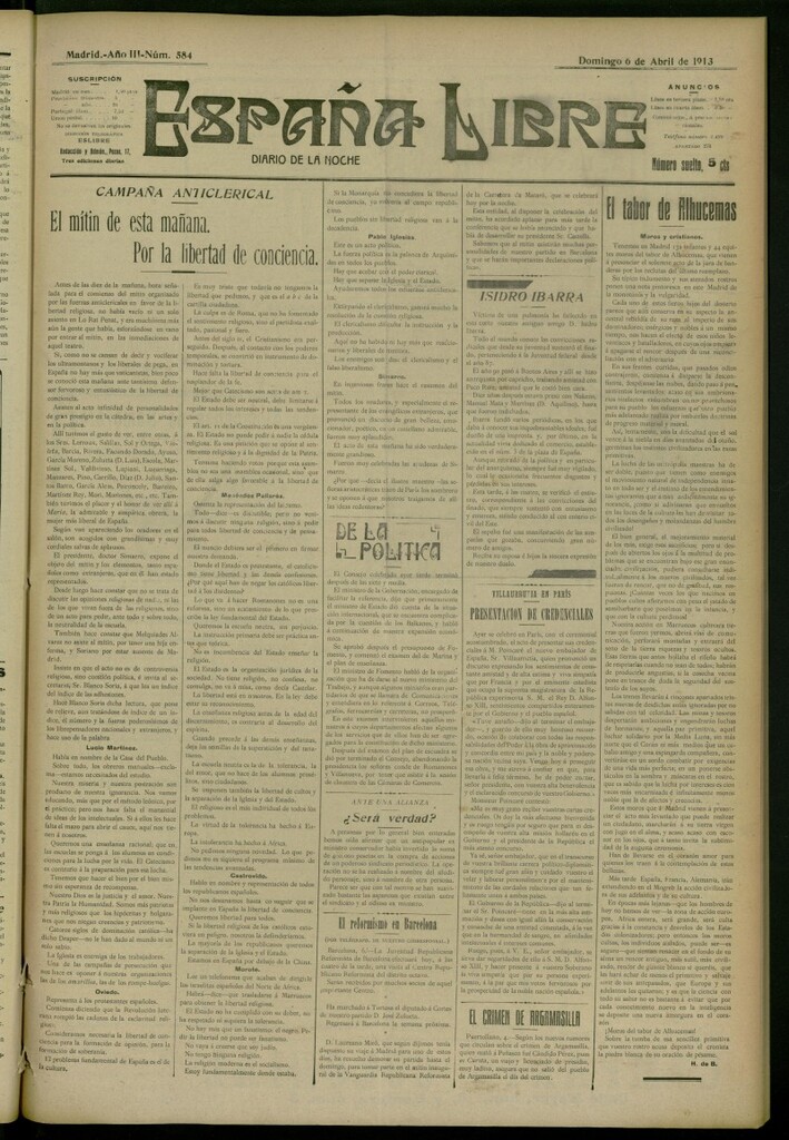 Miniatura de España Libre : Diario de la noche del 6 de abril de 1913, nº 584