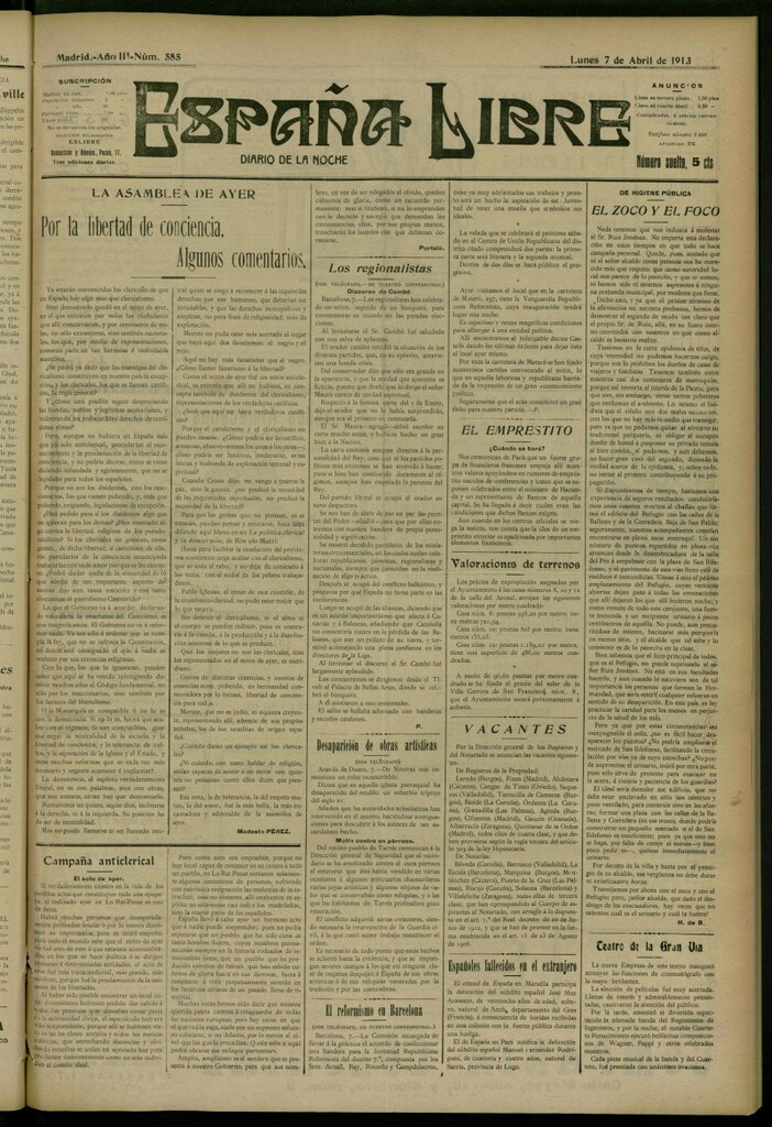 Miniatura de España Libre : Diario de la noche del 7 de abril de 1913, nº 585