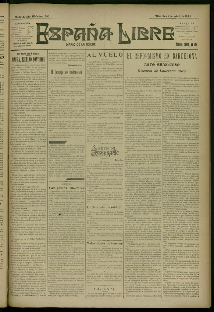 Miniatura de España Libre : Diario de la noche del 9 de abril de 1913, nº 587