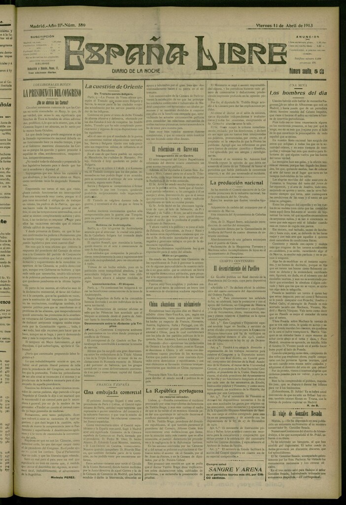 Miniatura de España Libre : Diario de la noche del 11 de abril de 1913, nº 589