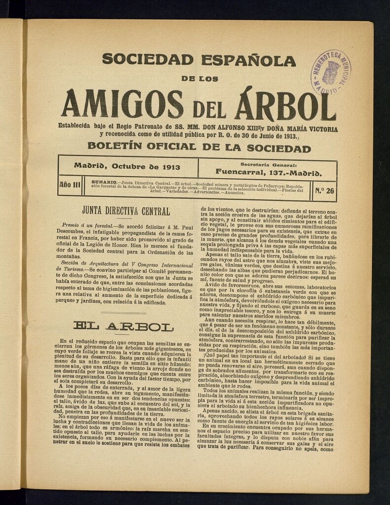 Miniatura de Boletín Comisión organizadora de la Sociedad Española de los amigos del árbol de octubre de 1913