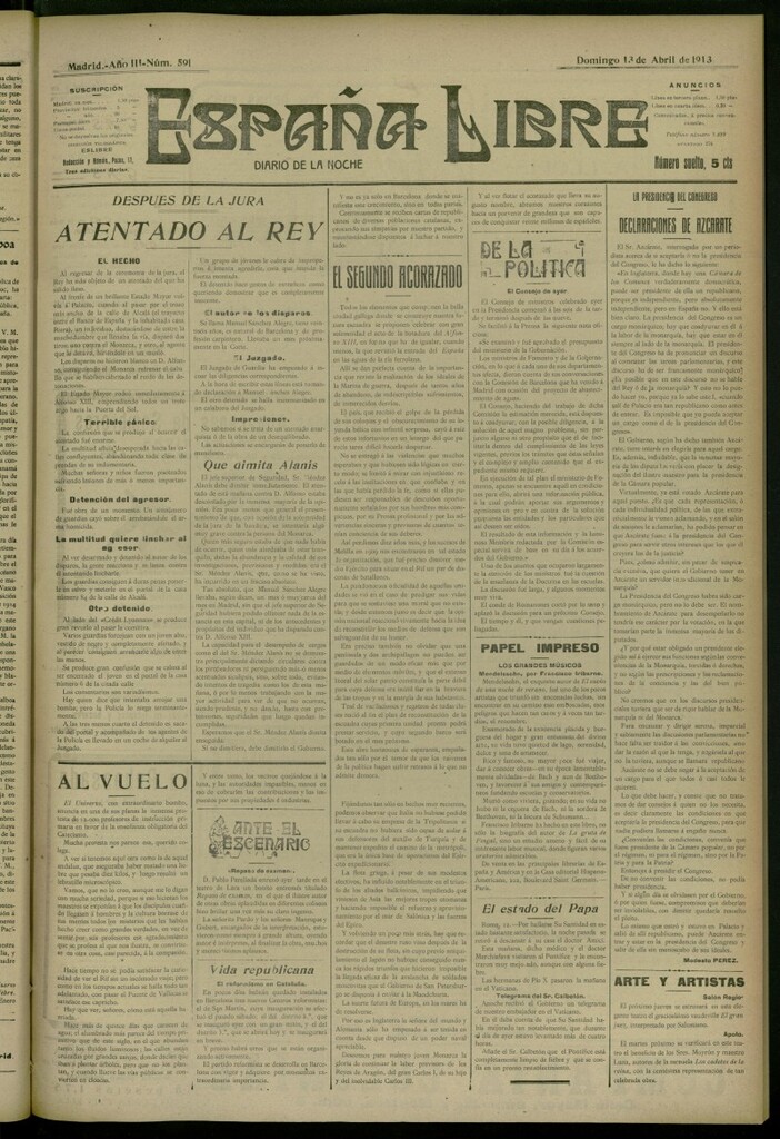 Miniatura de España Libre : Diario de la noche del 13 de abril de 1913, nº 591