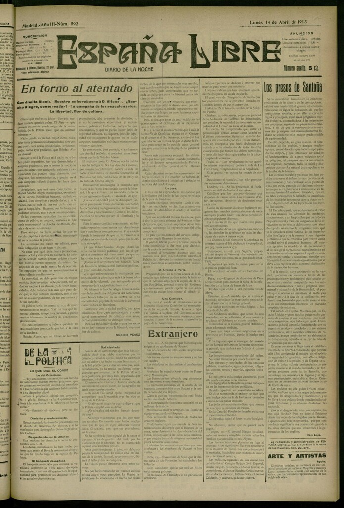 Miniatura de España Libre : Diario de la noche del 14 de abril de 1913, nº 592