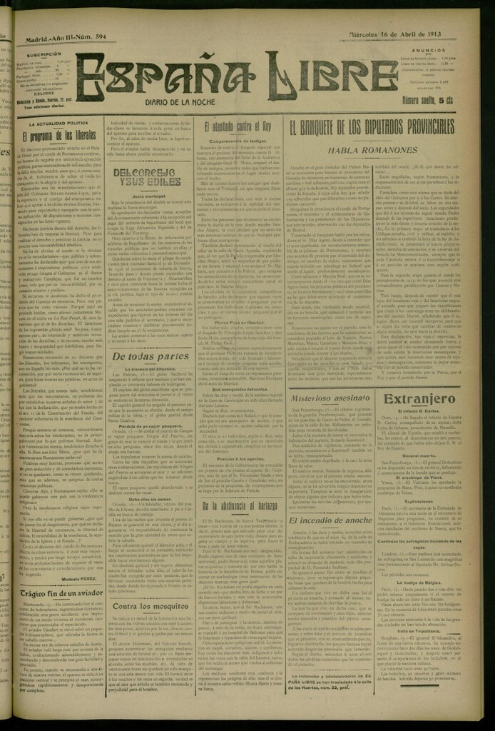 Miniatura de España Libre : Diario de la noche del 16 de abril de 1913, nº 594