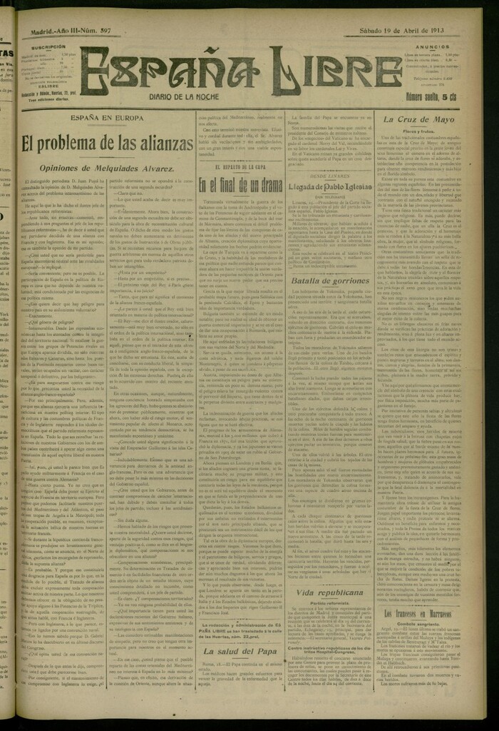 Miniatura de España Libre : Diario de la noche del 19 de abril de 1913, nº 597