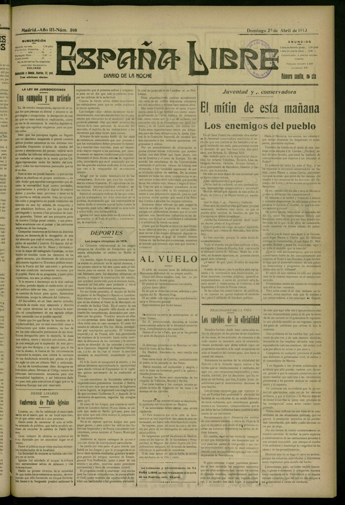 Miniatura de España Libre : Diario de la noche del 20 de abril de 1913, nº 598
