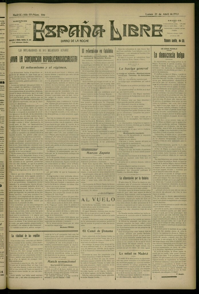 Miniatura de España Libre : Diario de la noche del 21 de abril de 1913, nº 599