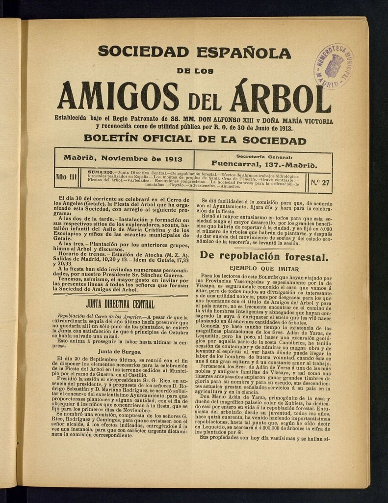 Miniatura de Boletín Comisión organizadora de la Sociedad Española de los amigos del árbol de noviembre de 1913