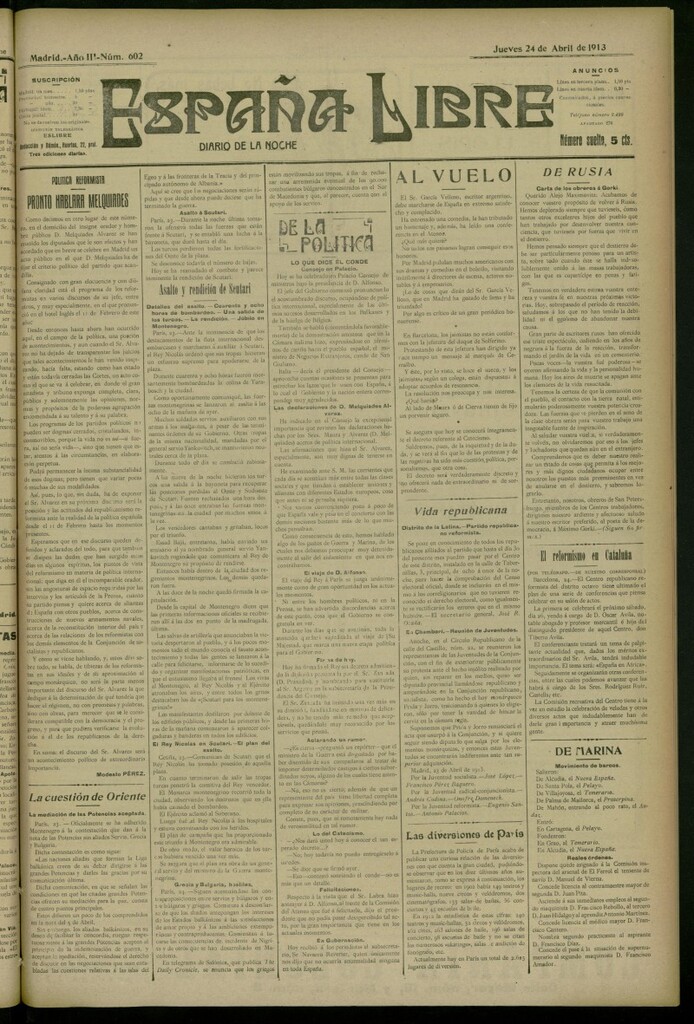 Miniatura de España Libre : Diario de la noche del 24 de abril de 1913, nº 602