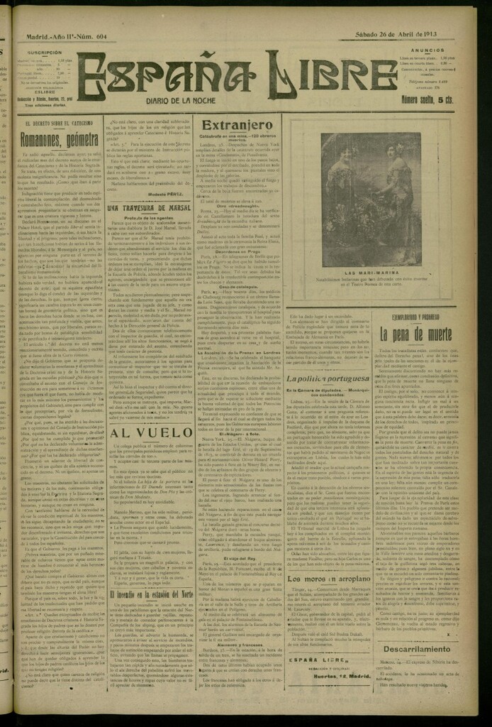 Miniatura de España Libre : Diario de la noche del 26 de abril de 1913, nº 604