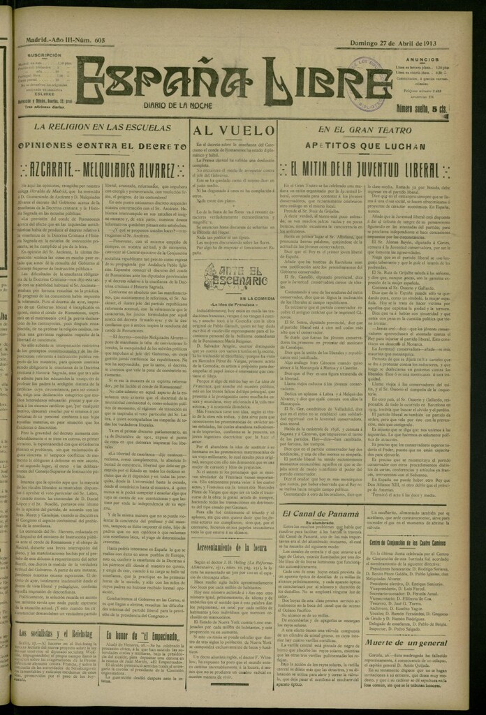 Miniatura de España Libre : Diario de la noche del 27 de abril de 1913, nº 605