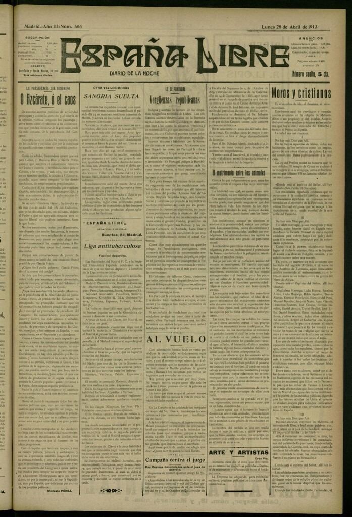 Miniatura de España Libre : Diario de la noche del 28 de abril de 1913, nº 606