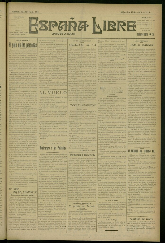 Miniatura de España Libre : Diario de la noche del 30 de abril de 1913, nº 608