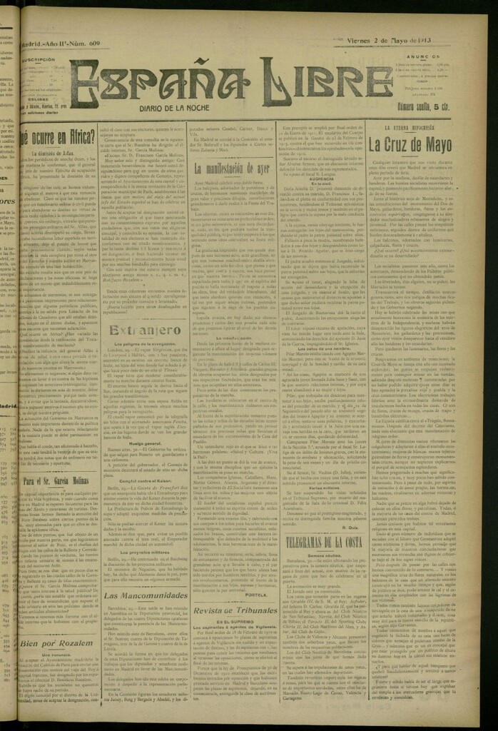 Miniatura de España Libre : Diario de la noche del 2 de mayo de 1913, nº 609