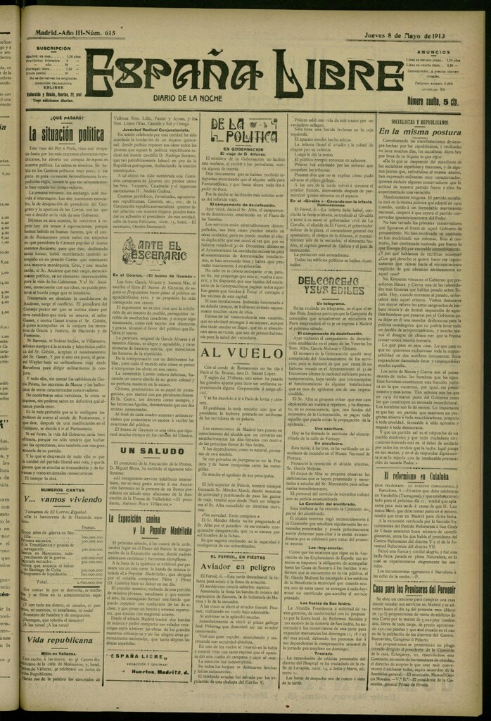 Miniatura de España Libre : Diario de la noche del 8 de mayo de 1913, nº 615