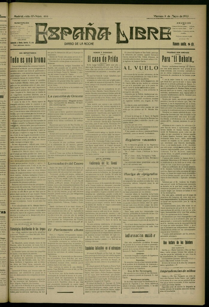 Miniatura de España Libre : Diario de la noche del 9 de mayo de 1913, nº 616
