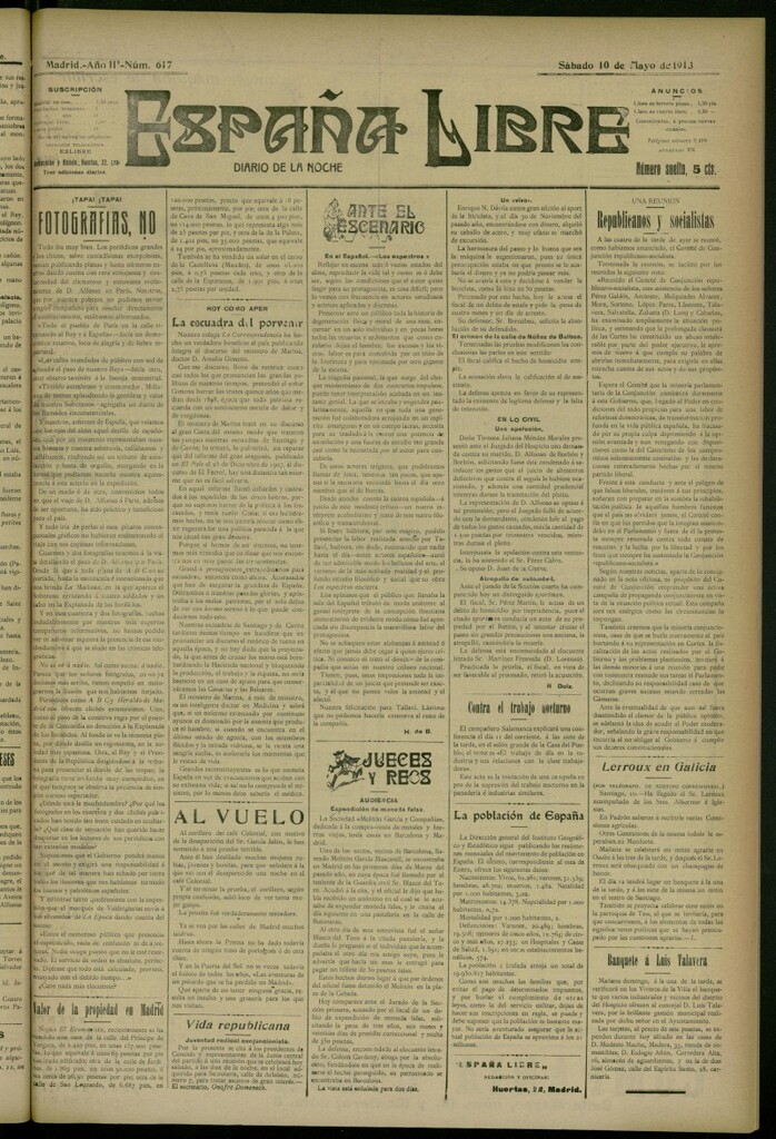 Miniatura de España Libre : Diario de la noche del 10 de mayo de 1913, nº 617