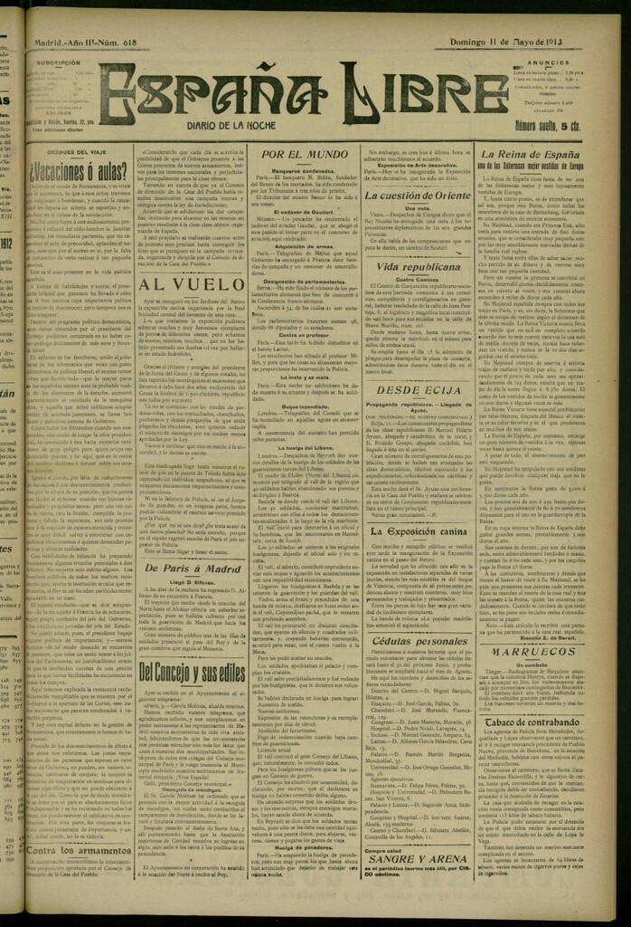 Miniatura de España Libre : Diario de la noche del 11 de mayo de 1913, nº 618