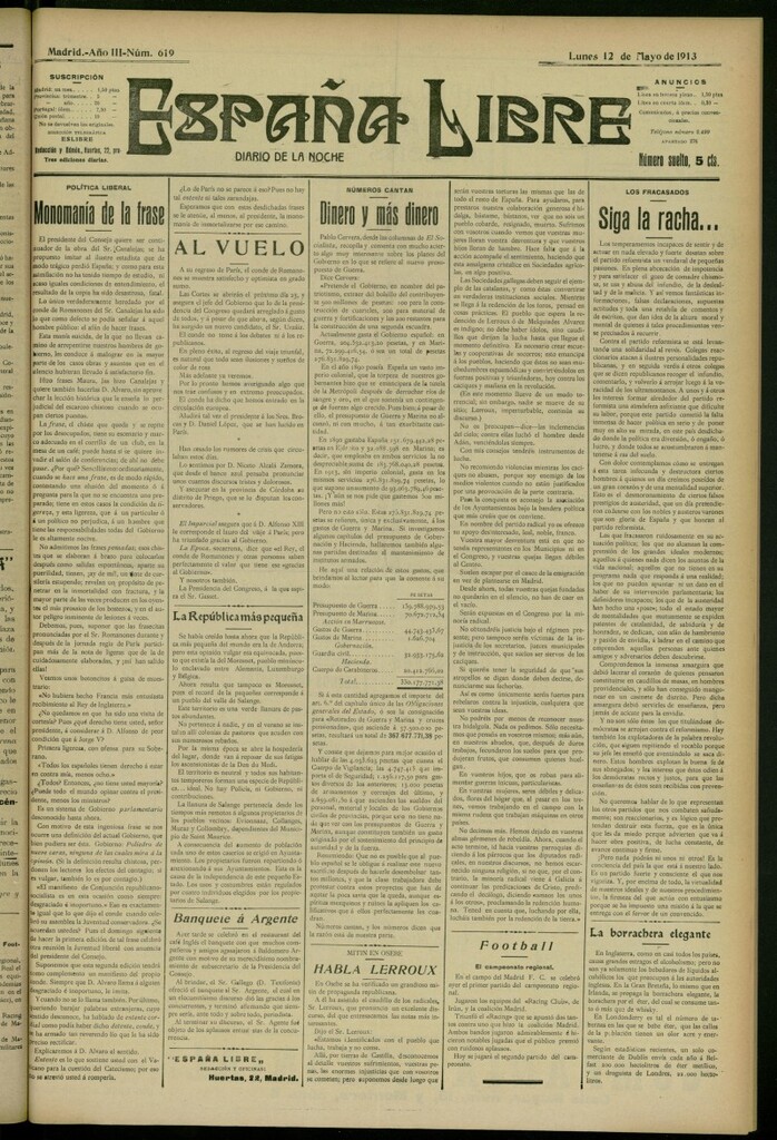 Miniatura de España Libre : Diario de la noche del 12 de mayo de 1913, nº 619