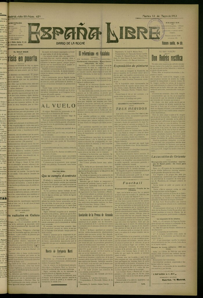 Miniatura de España Libre : Diario de la noche del 13 de mayo de 1913, nº 620