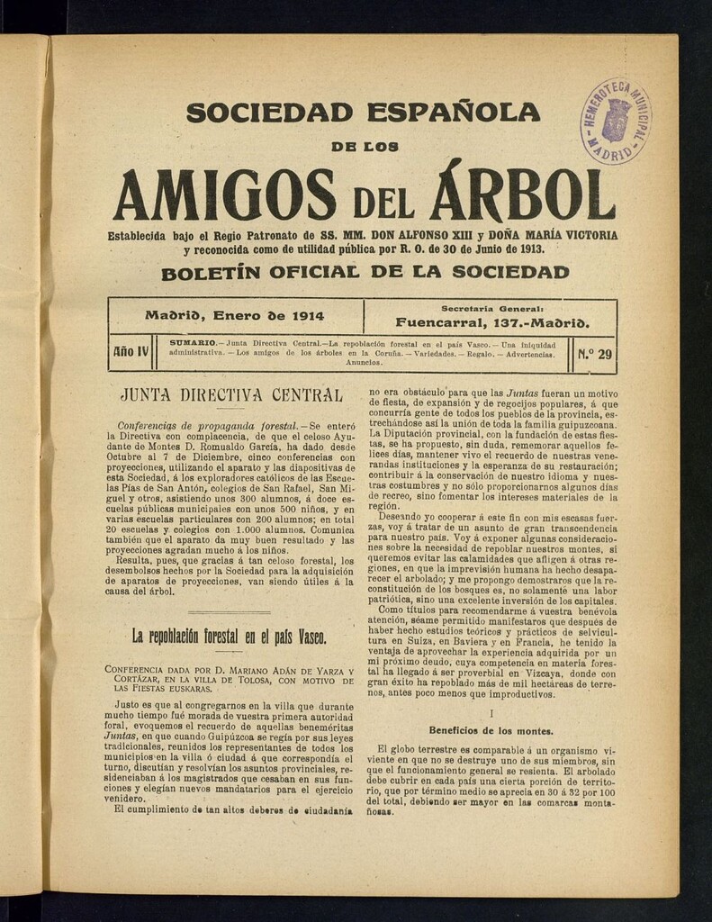 Miniatura de Boletín Comisión organizadora de la Sociedad Española de los amigos del árbol de enero de 1914