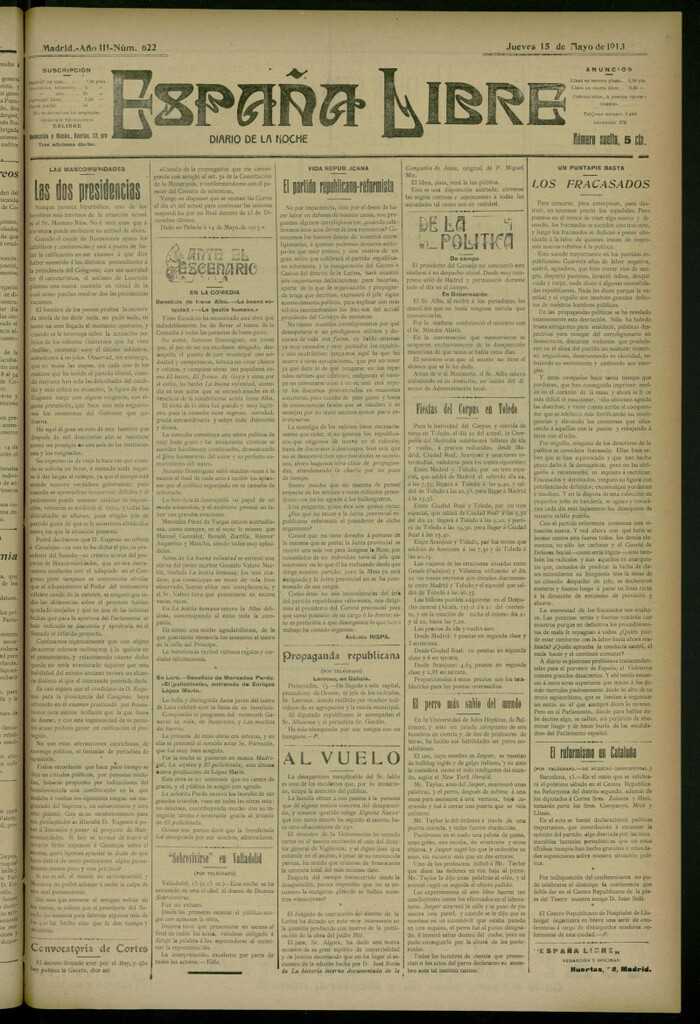 Miniatura de España Libre : Diario de la noche del 15 de mayo de 1913, nº 622