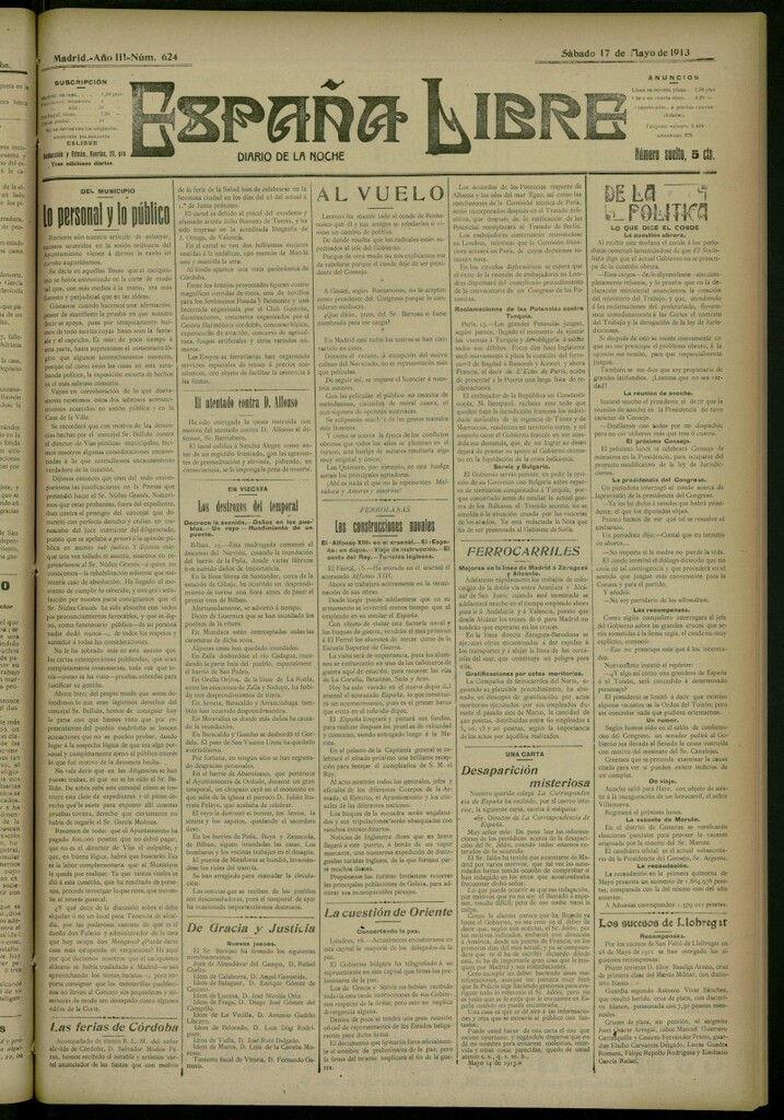 Miniatura de España Libre : Diario de la noche del 17 de mayo de 1913, nº 624