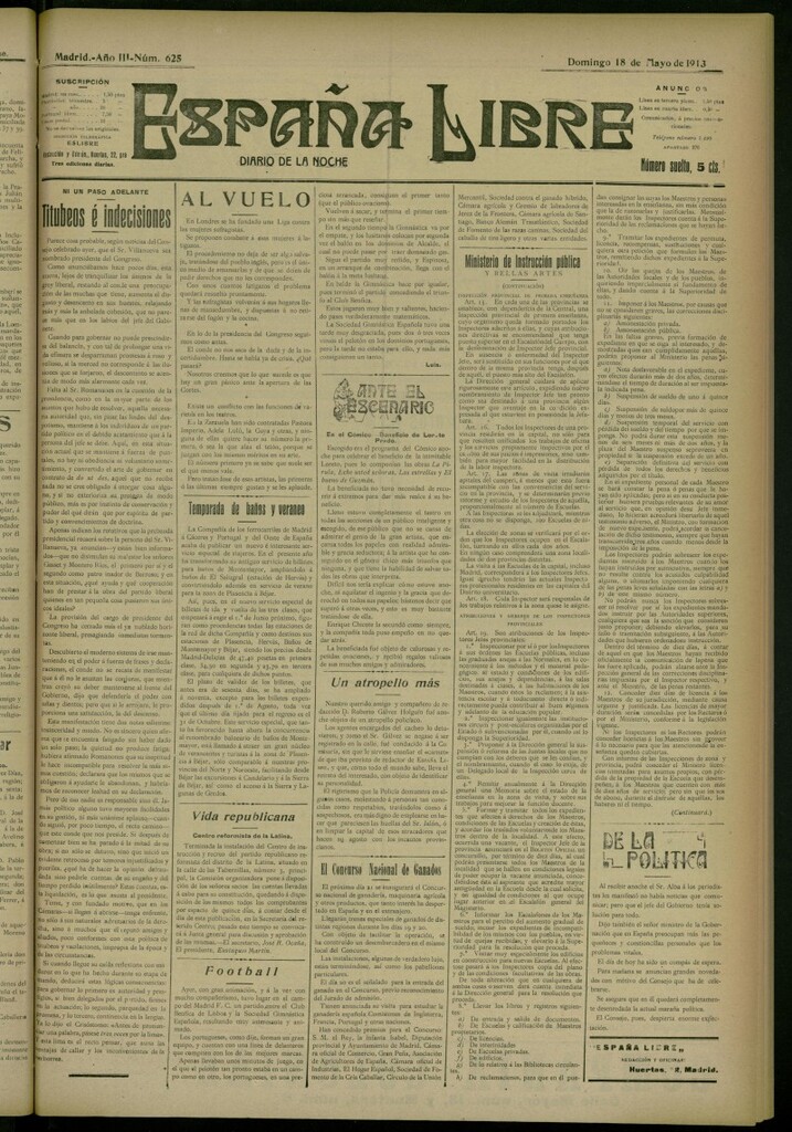 Miniatura de España Libre : Diario de la noche del 18 de mayo de 1913, nº 625