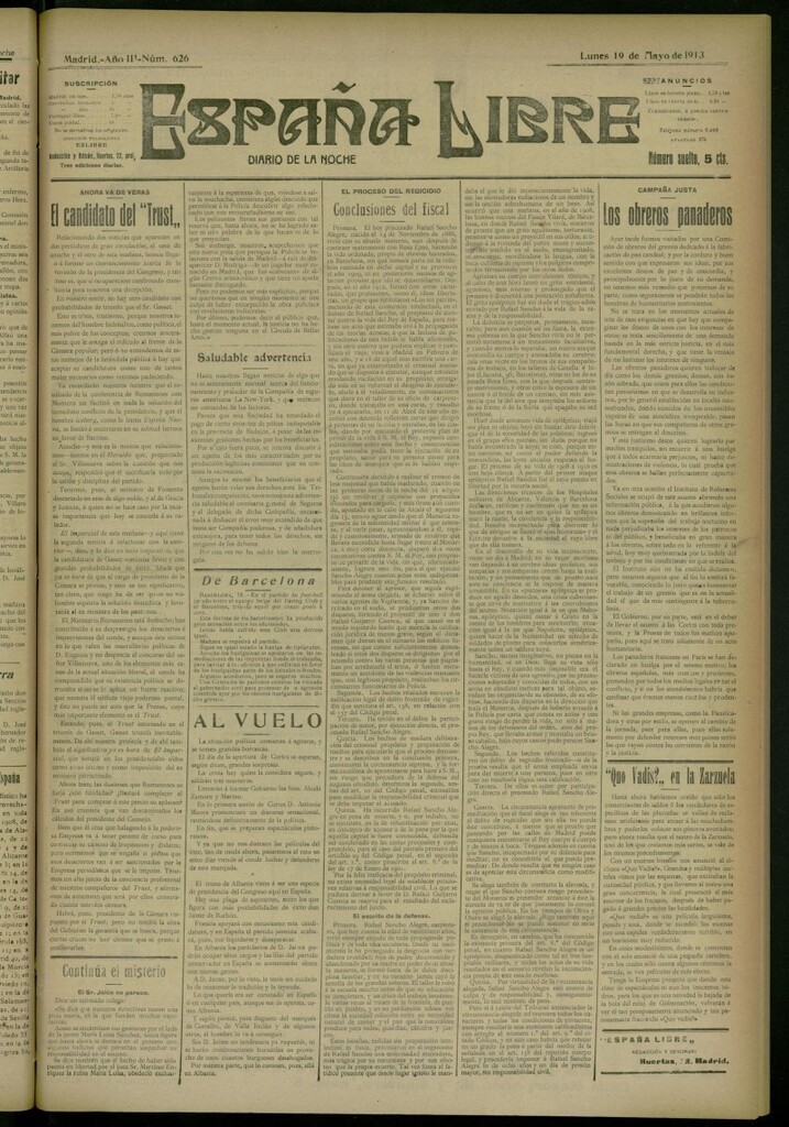 Miniatura de España Libre : Diario de la noche del 19 de mayo de 1913, nº 626
