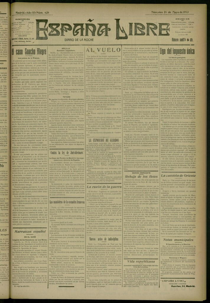 Miniatura de España Libre : Diario de la noche del 21 de mayo de 1913, nº 628