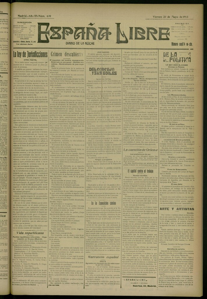 Miniatura de España Libre : Diario de la noche del 23 de mayo de 1913, nº 630