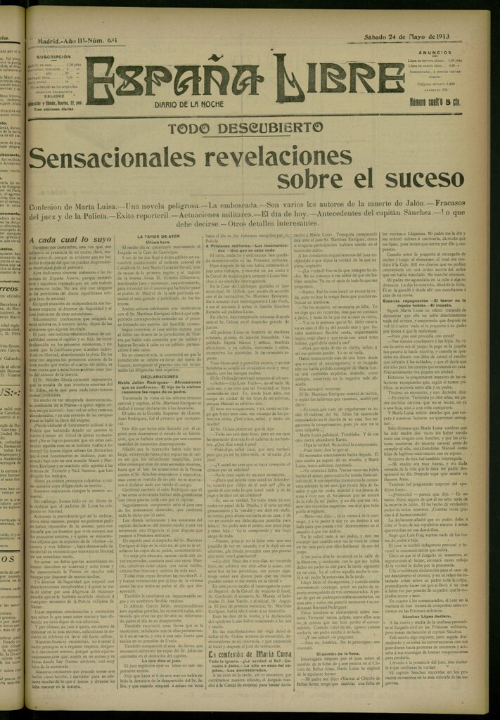 Miniatura de España Libre : Diario de la noche del 24 de mayo de 1913, nº 631