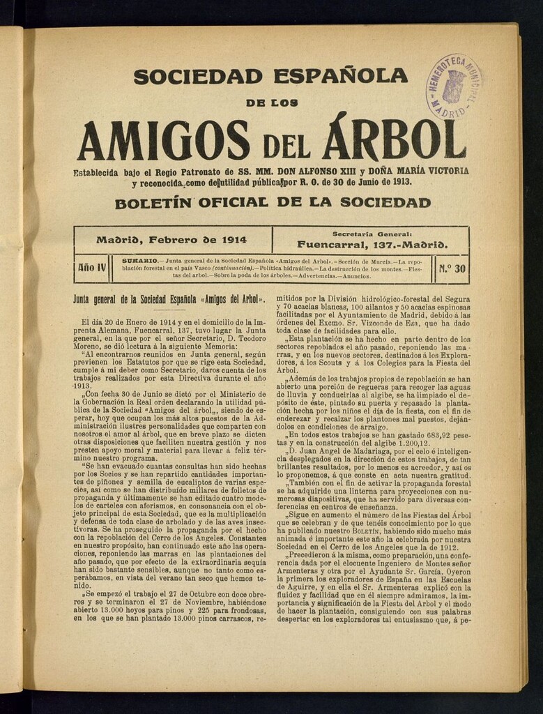 Miniatura de Boletín Comisión organizadora de la Sociedad Española de los amigos del árbol de febrero de 1914