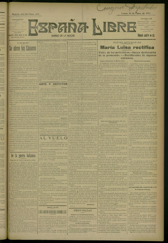 Miniatura de España Libre : Diario de la noche del 26 de mayo de 1913, nº 633