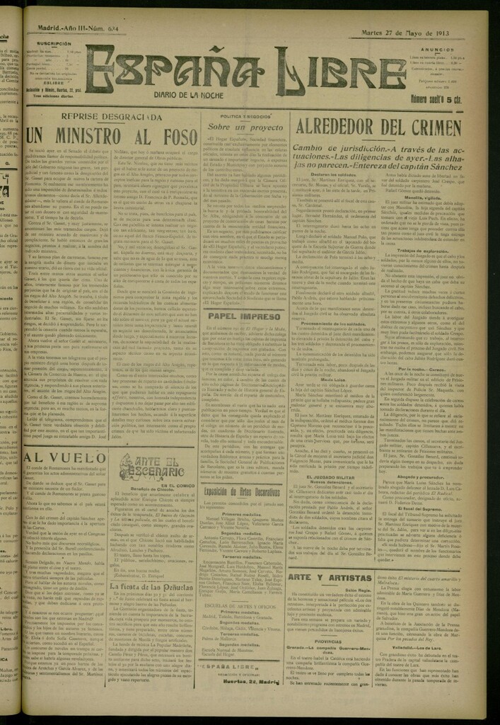 Miniatura de España Libre : Diario de la noche del 27 de mayo de 1913, nº 634