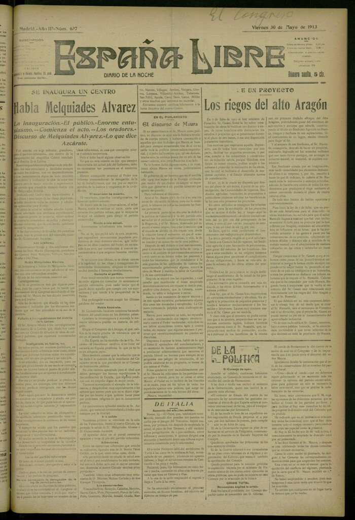 Miniatura de España Libre : Diario de la noche del 30 de mayo de 1913, nº 637