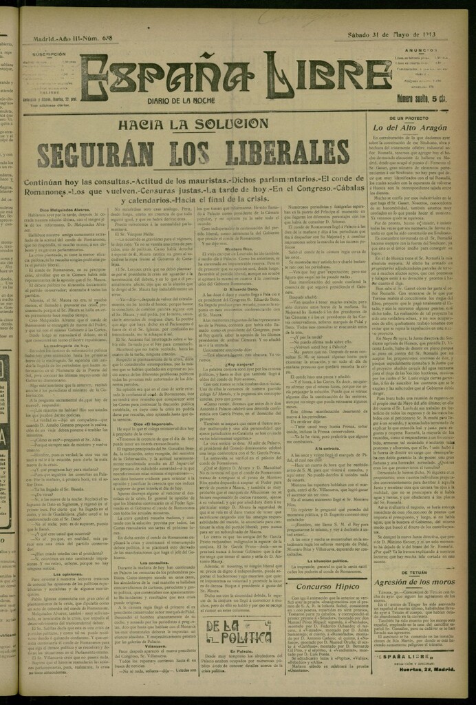 Miniatura de España Libre : Diario de la noche del 31 de mayo de 1913, nº 638