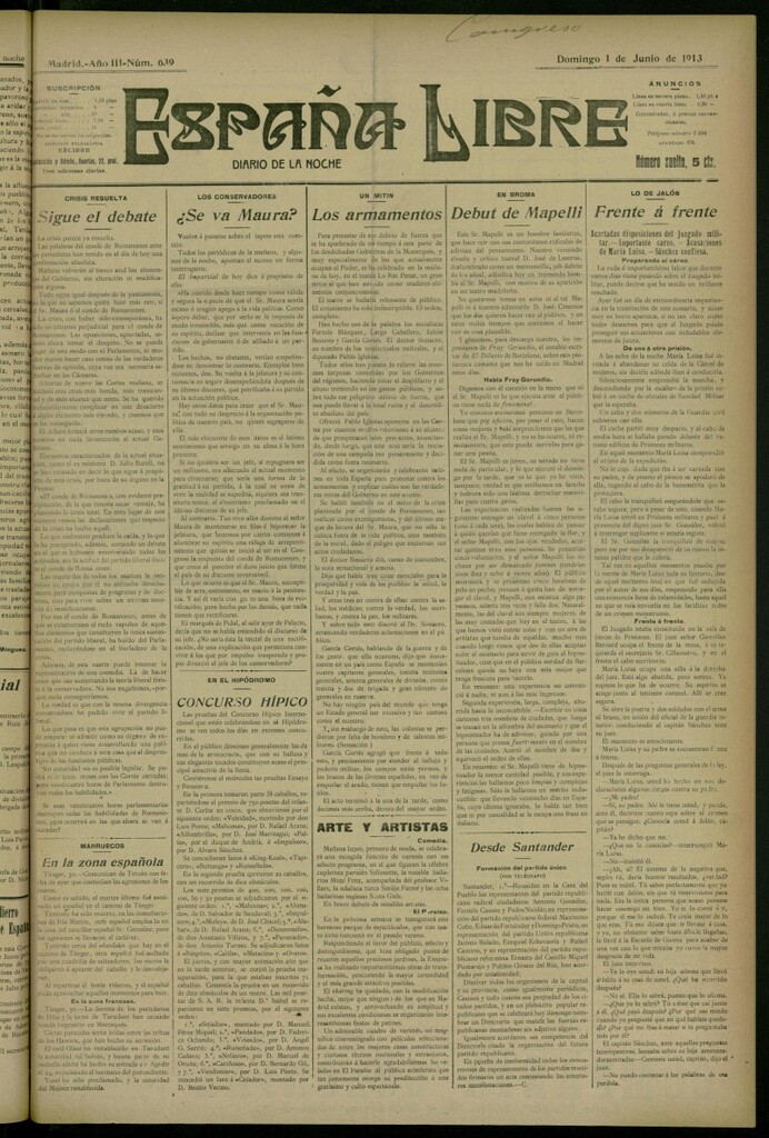 Miniatura de España Libre : Diario de la noche del 1 de junio de 1913, nº 639