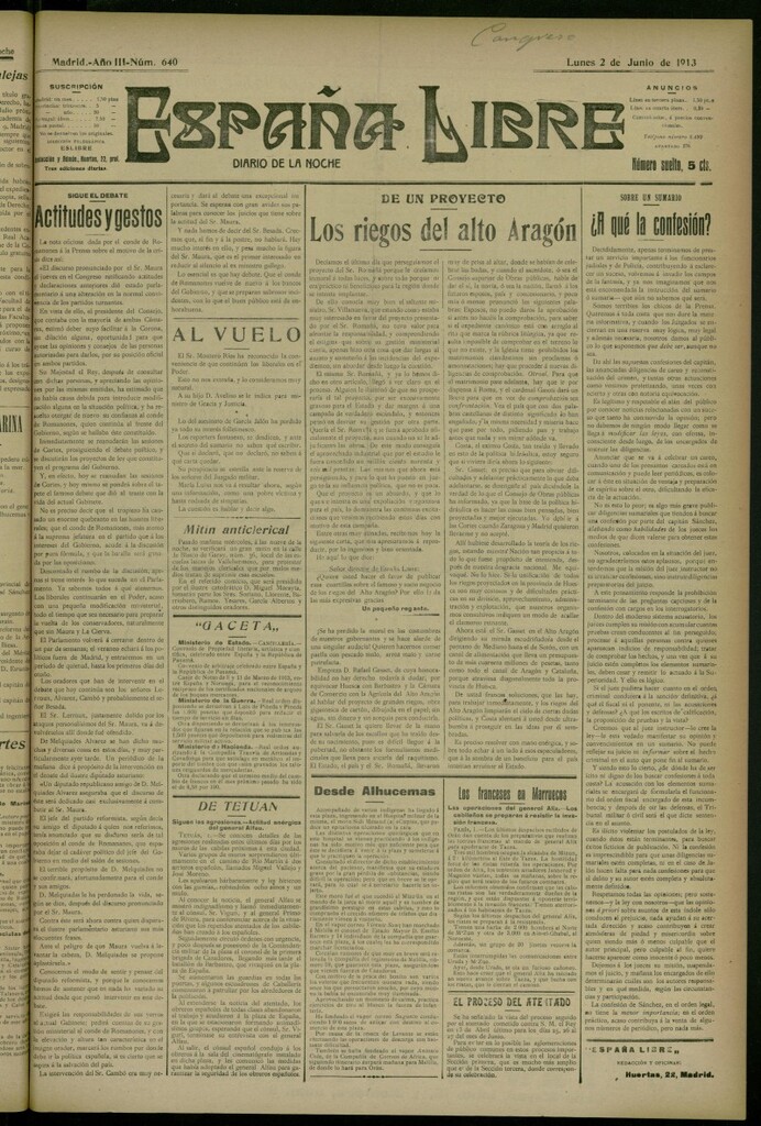 Miniatura de España Libre : Diario de la noche del 2 de junio de 1913, nº 640