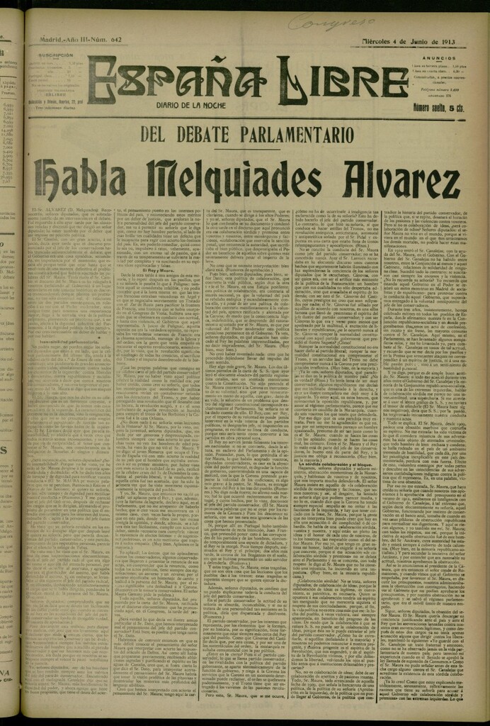 Miniatura de España Libre : Diario de la noche del 4 de junio de 1913, nº 642