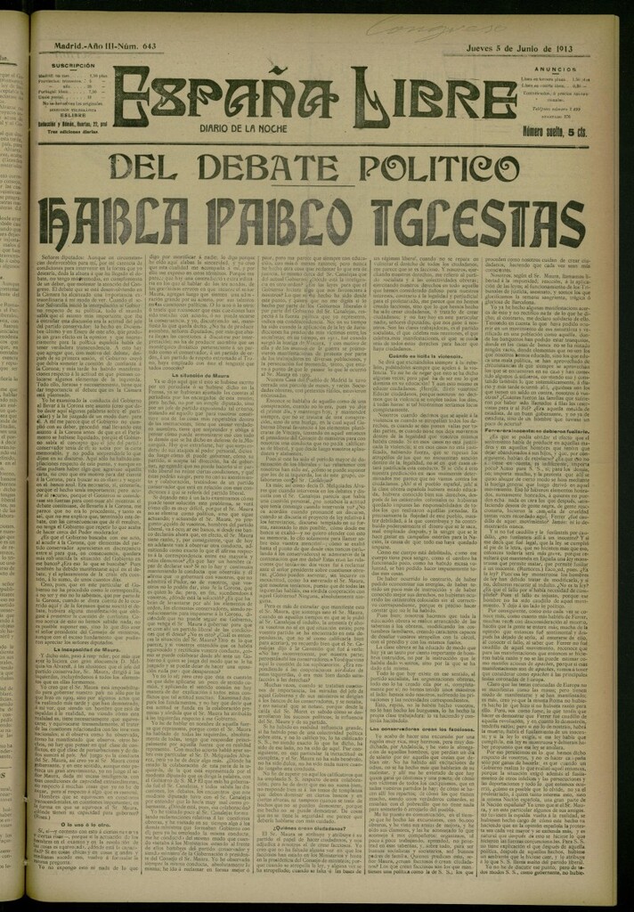 Miniatura de España Libre : Diario de la noche del 5 de junio de 1913, nº 643