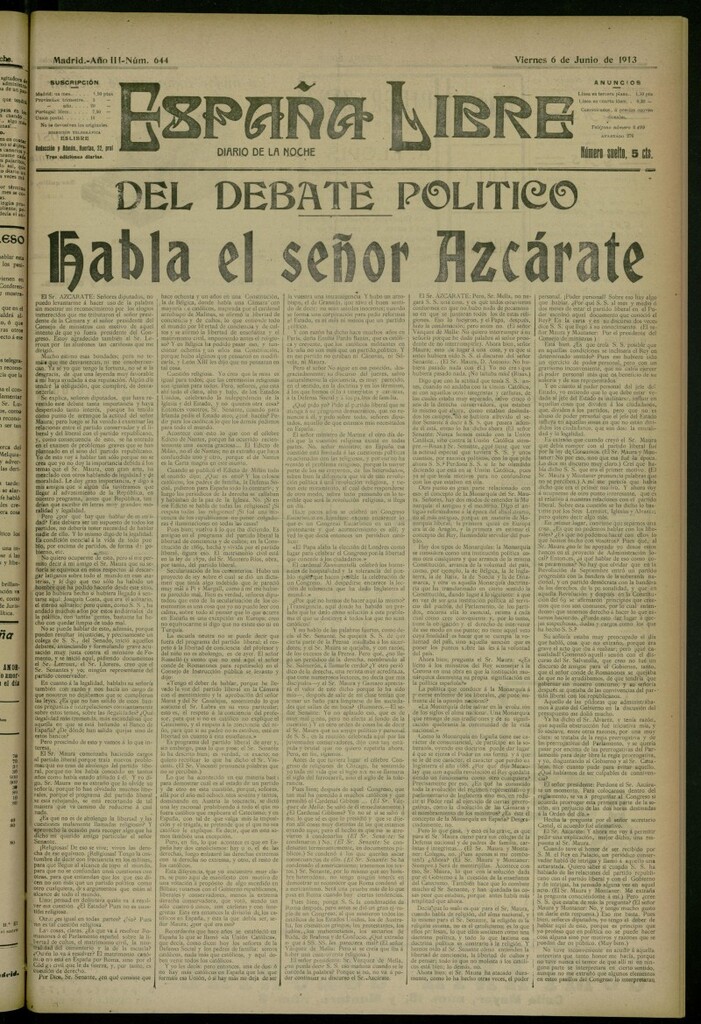 Miniatura de España Libre : Diario de la noche del 6 de junio de 1913, nº 644