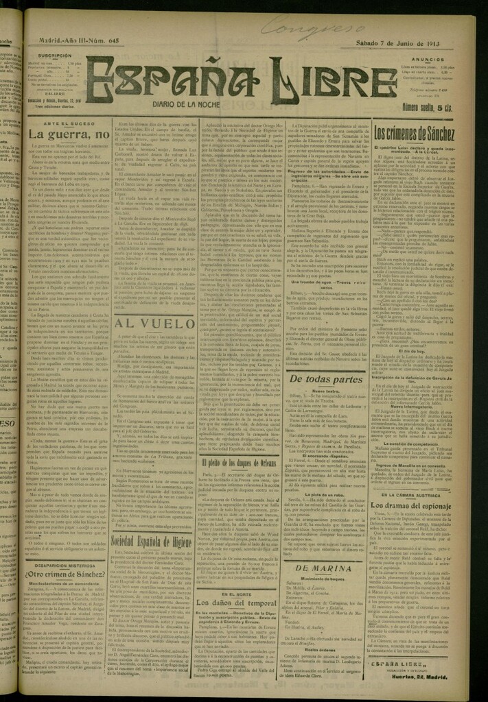 Miniatura de España Libre : Diario de la noche del 7 de junio de 1913, nº 645