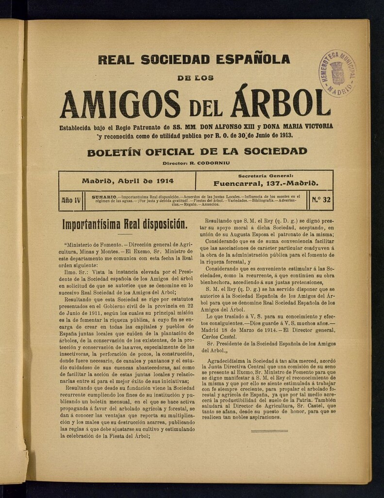Miniatura de Boletín Comisión organizadora de la Sociedad Española de los amigos del árbol de abril de 1914