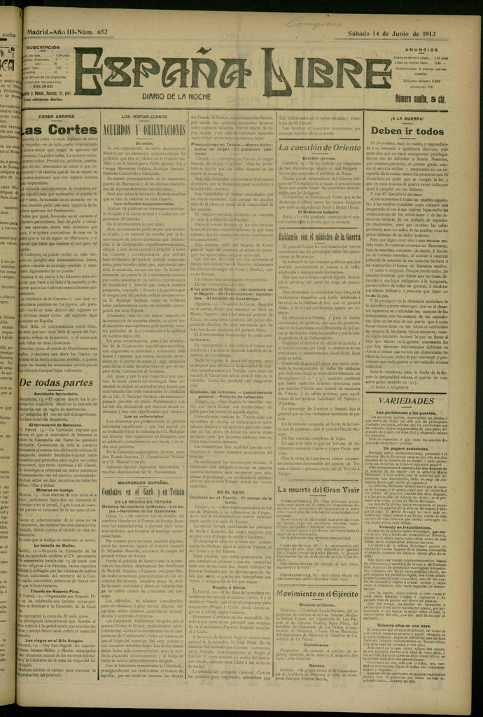 Miniatura de España Libre : Diario de la noche del 14 de junio de 1913, nº 652
