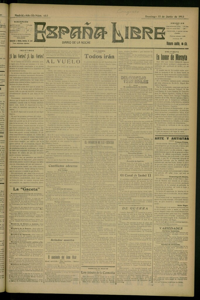 Miniatura de España Libre : Diario de la noche del 15 de junio de 1913, nº 653